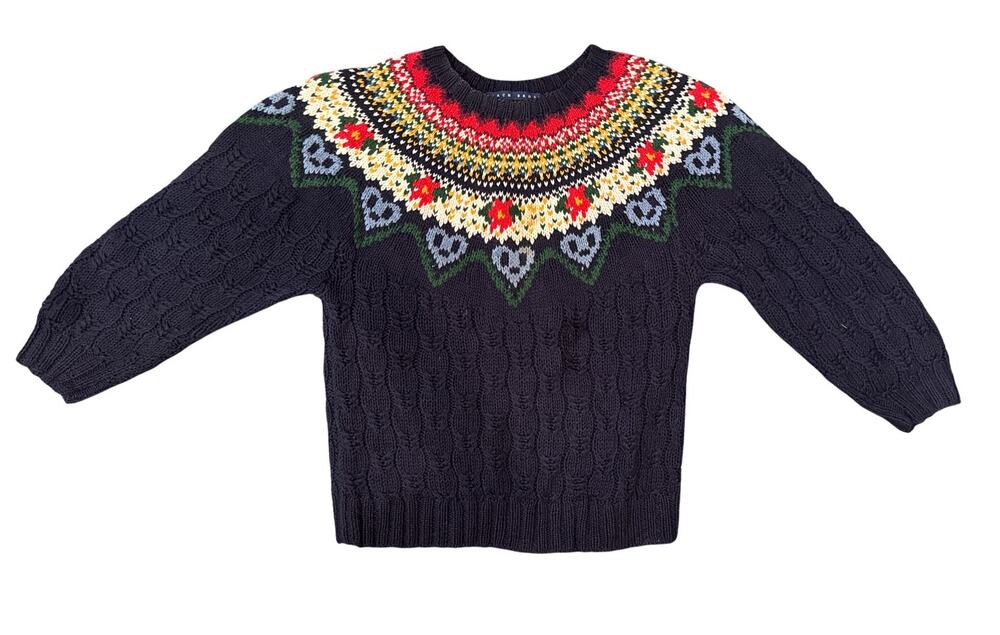 Vntg 90s Birch Bros Fair Isle Sweater Womens S Navy Cable Knit Nordic 3/4 Sleeve